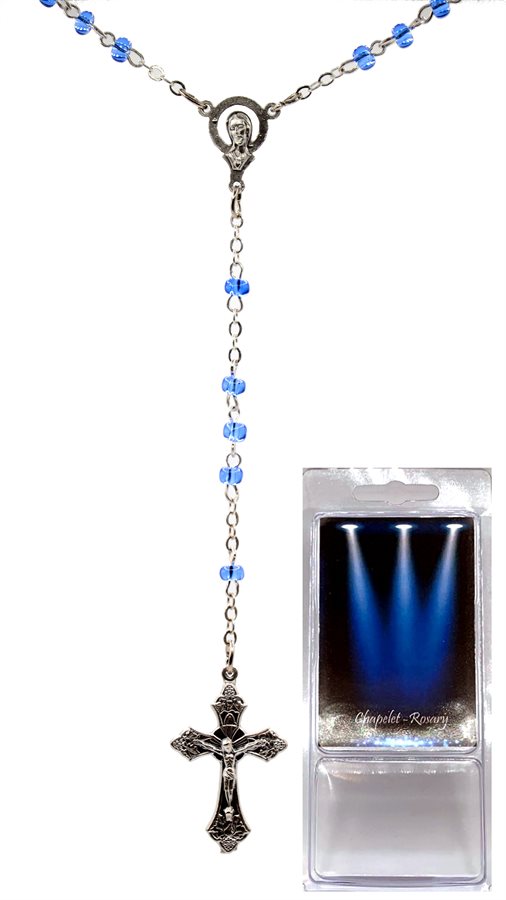 Boxed Rosary, 4 mm Blue Glass Beads, 12"