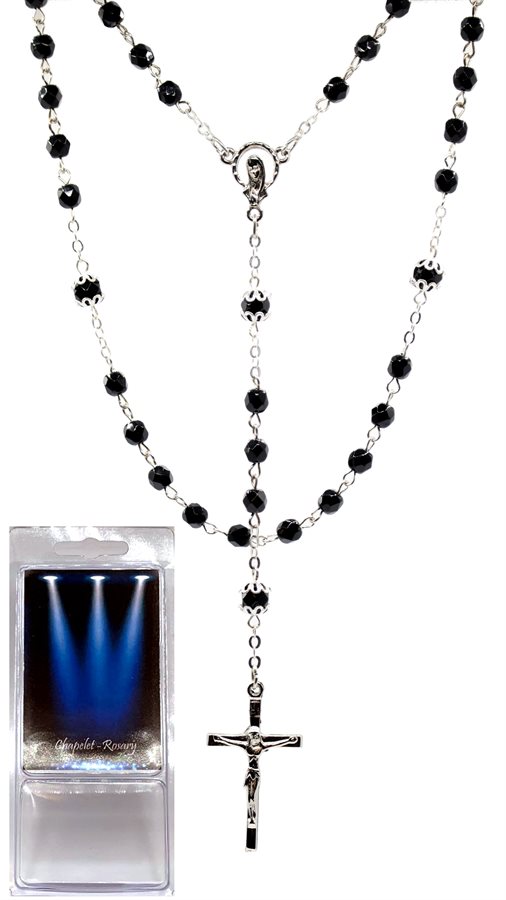 Boxed Rosary, 4 mm Round Black Beads, 18"