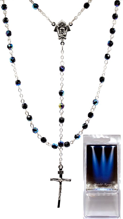 Boxed Rosary, 4 mm Black Glass Beads, 14½"