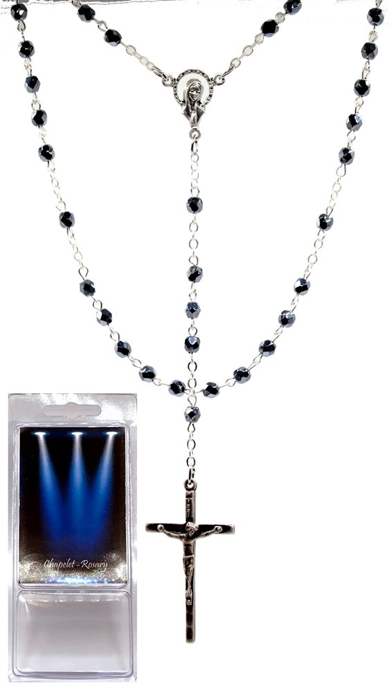 Boxed Rosary, 4mm Hematite-Colored Beads, 16"