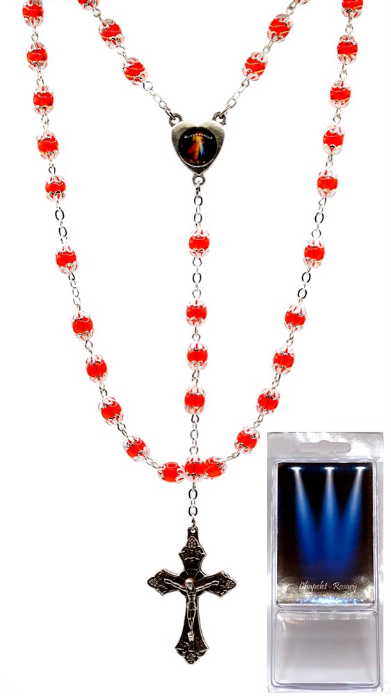 Boxed Rosary, 6 mm Red Glass Beads, 18"