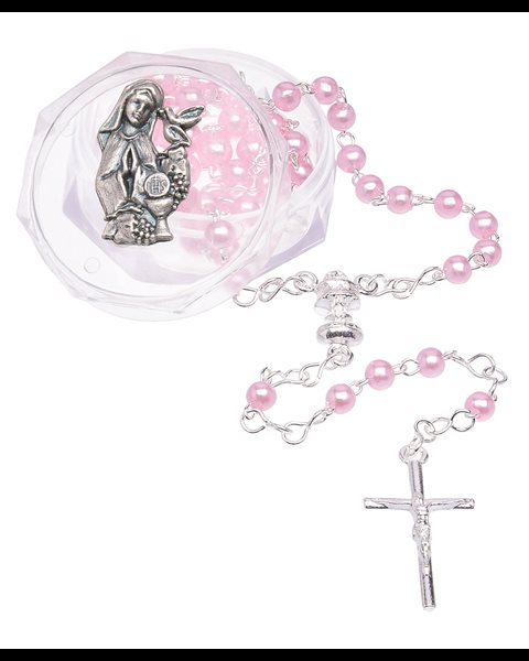 Rosary, 4 mm Pink Beads with Silver Cross