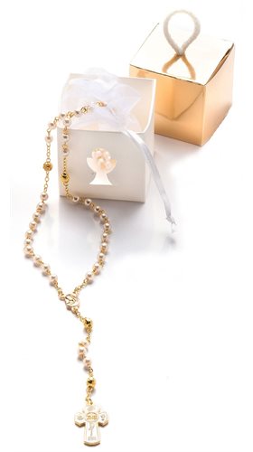 5mm First communion rosary, white & golden box