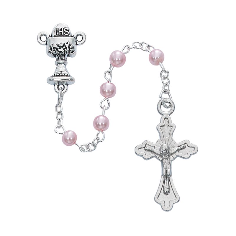 Boxed rosary, 4 mm pink pearl,silver cross & center