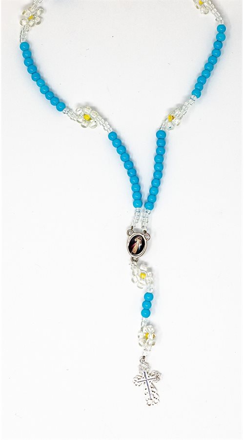 Boxed rosary, 5 mm blue beads and flowers