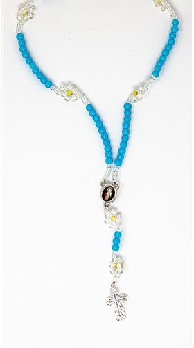 Boxed rosary, 5 mm blue beads and flowers