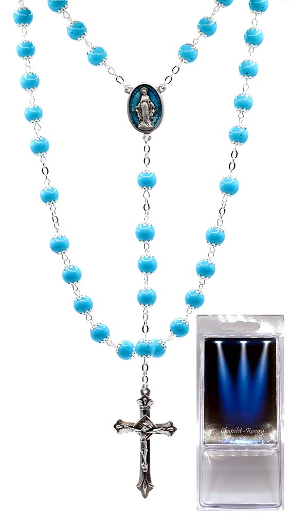 Boxed Rosary, 8mm Pearl Light Blue Beads, 23"