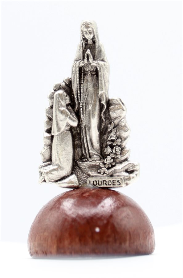 'Lourdes'' Silver Statue, Wooden Base, 1.4"