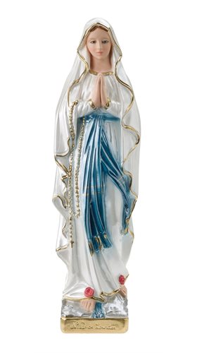 Statue de ND Lourdes, plâtre coloré et nacré, 30,5 cm