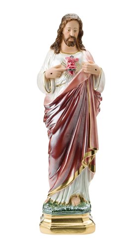 Statue Sacré-Coeur Jésus, plâtre coloré et nacré, 30,5 cm