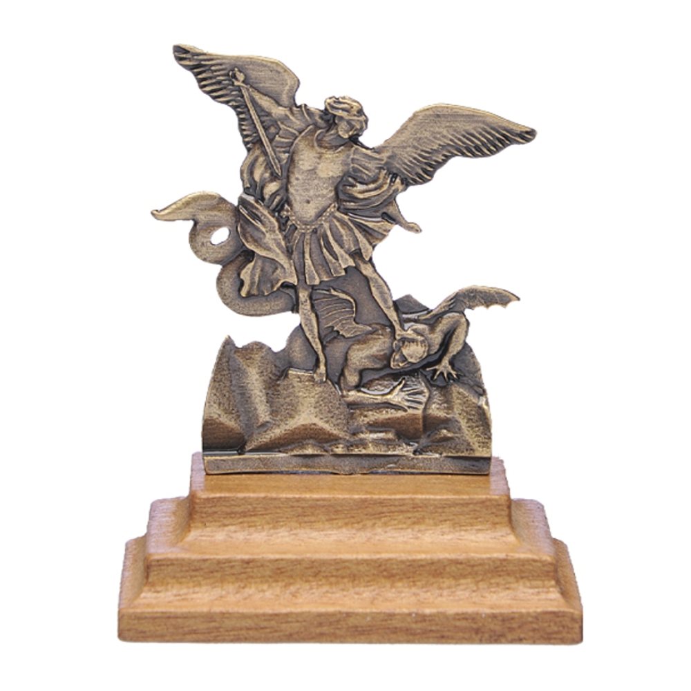 Gold Trinket of St. Michael on Wood Base, 2"