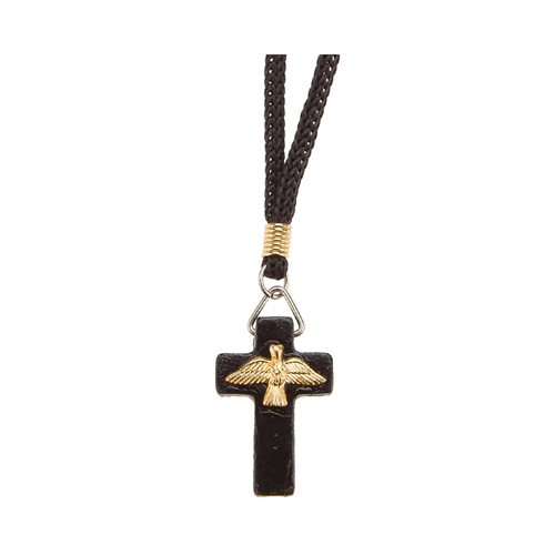 Collier, corde noire, croix noire 3,2 cm et colombe dorée