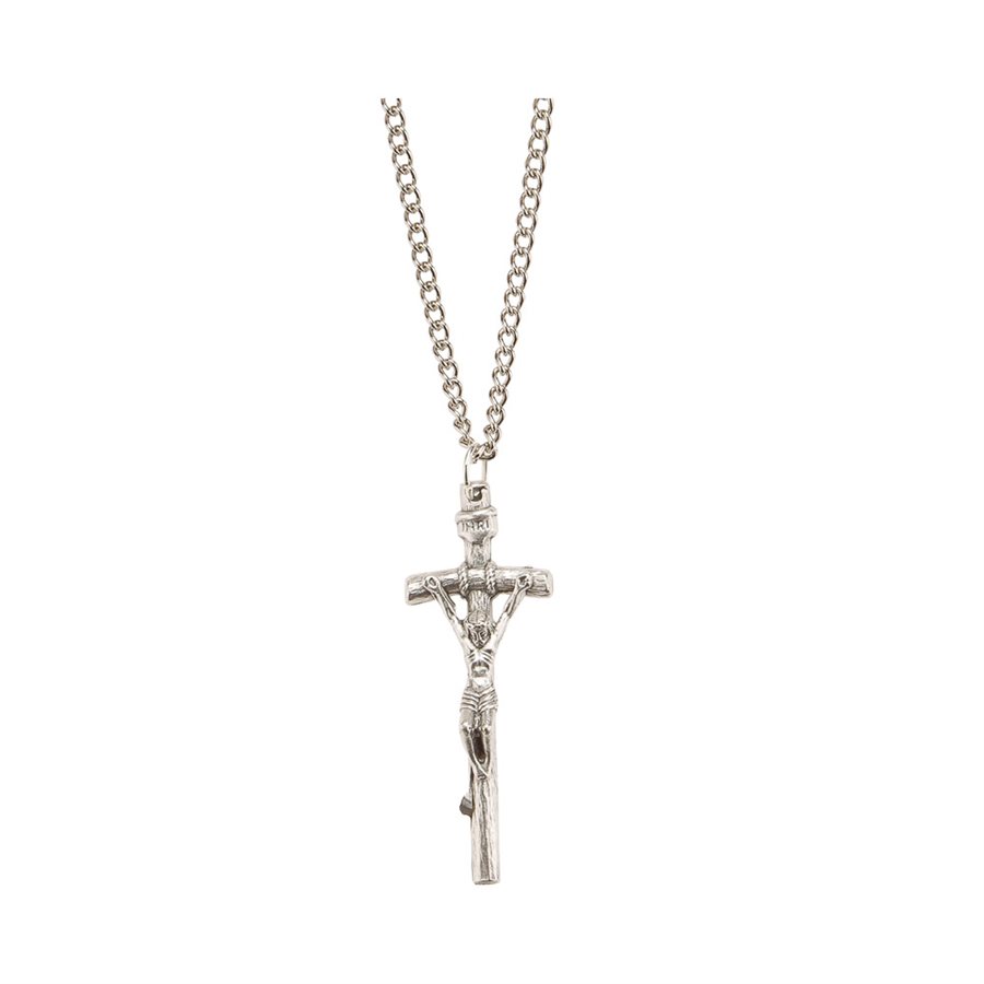 Pendentif Crucifix, métal argenté, chaîne inox, 61 cm