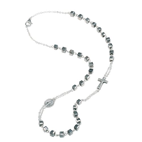 Collier, perles en verre carré argentée, 4x4 mm
