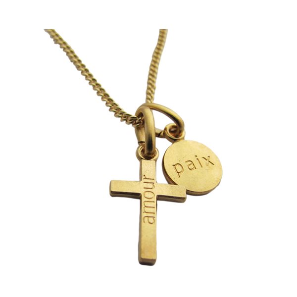 "Paix et amour" Gold. Necklace, 16mm Cross, French