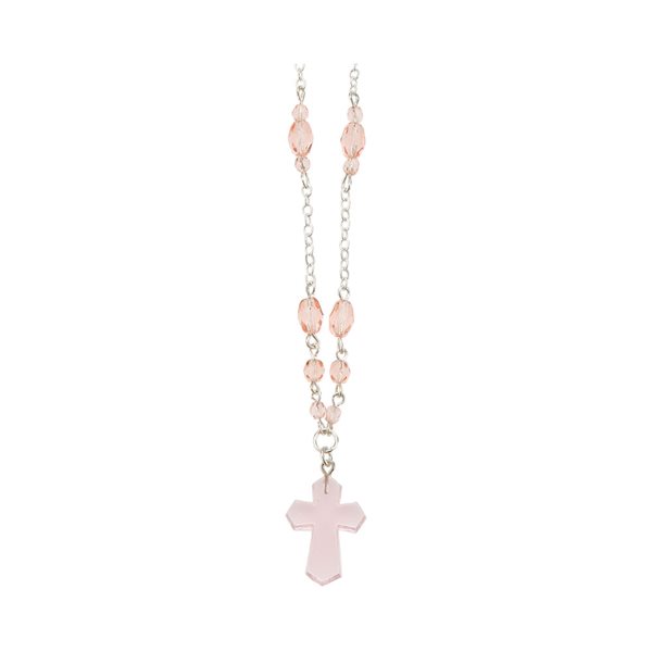 Boxed Silver Necklace, Pink Beads & Cross