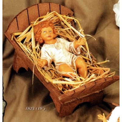 Color Resin Infant Jesus W / Crib Outdoor Figurine, 15" (38cm)
