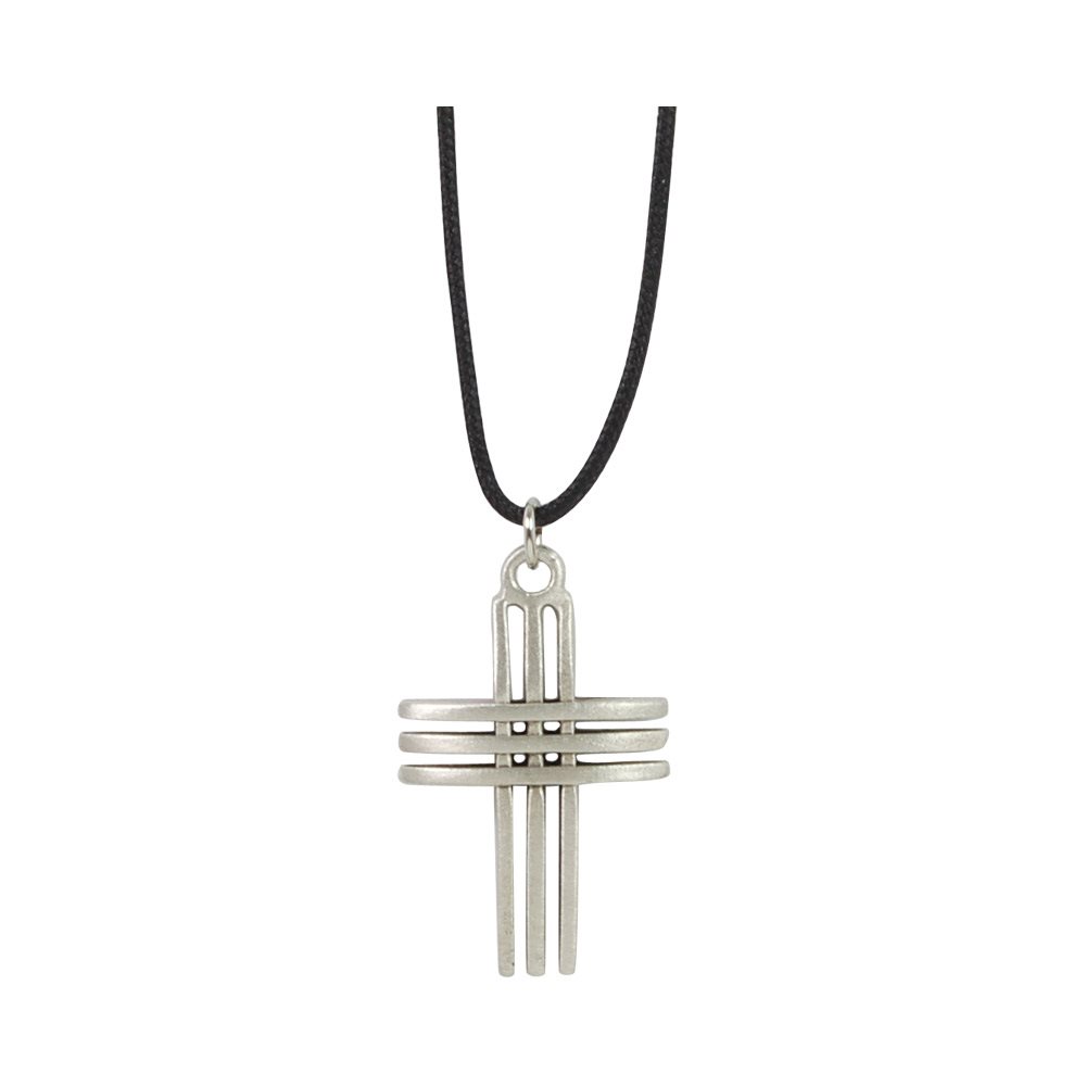 Adj. Leather Necklace, Lined Pwtr Cross, 28"
