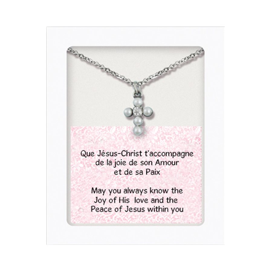 Pend croix perle avec cristal sur chaîne 33 cm Pend croix perle avec cristal sur chaîne 33 cm