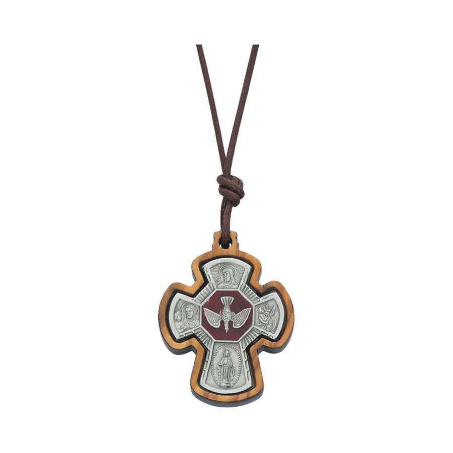 Confirmation pendant, wood and pewter, brown string