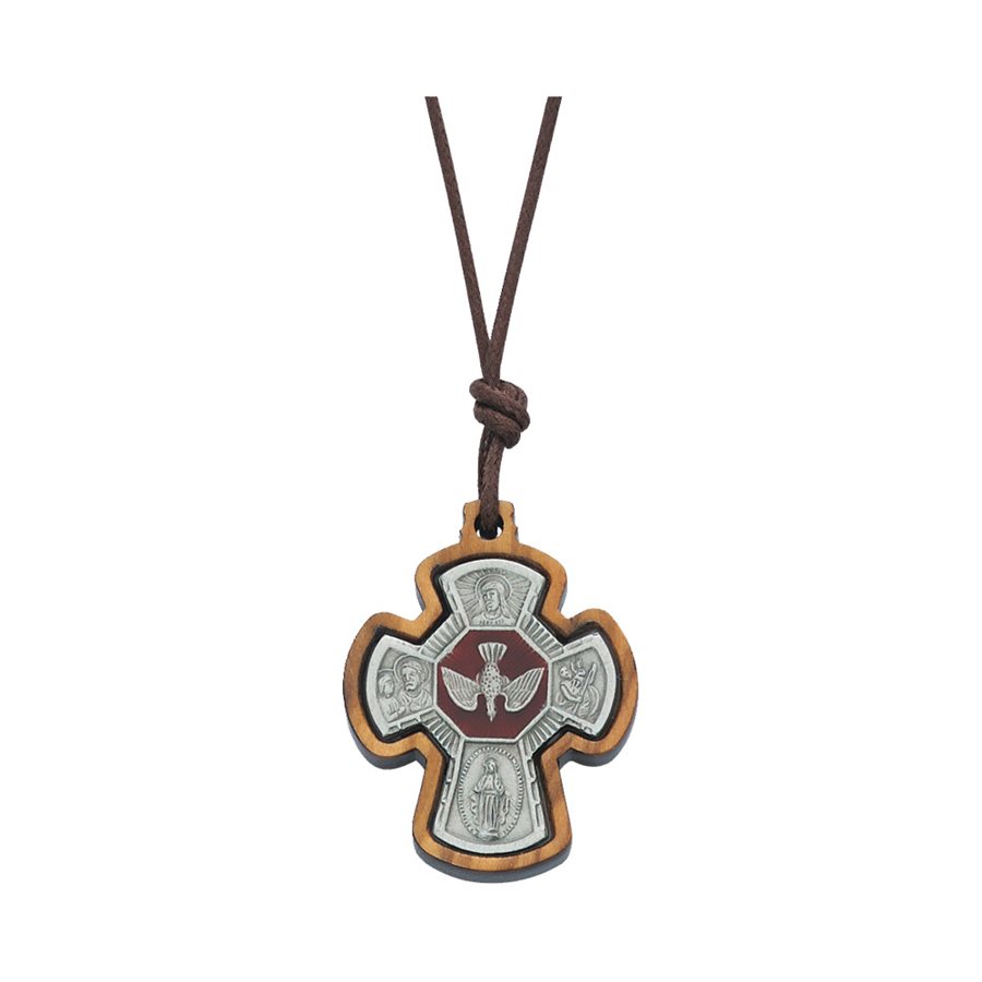 Pendentif confirmation, bois et étain, corde brune