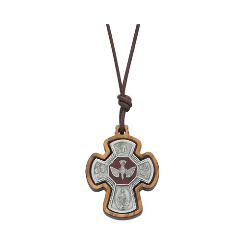 Confirmation pendant, wood and pewter, brown string