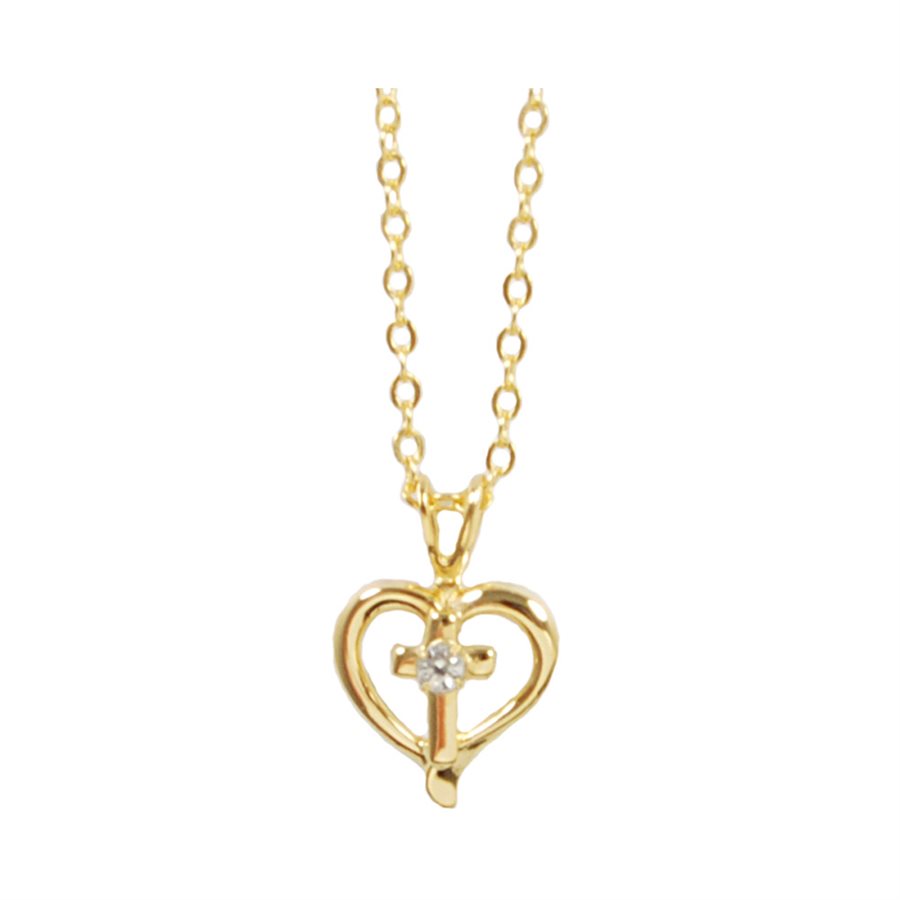 Boîte pendentif croix & coeur doré, pierre cristal, 46 cm