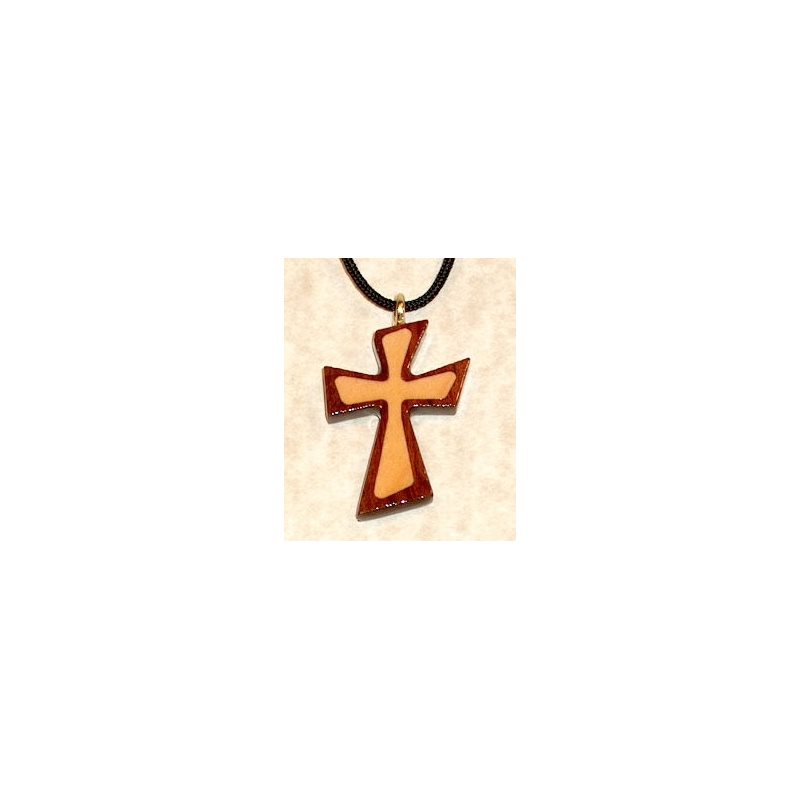 Varnished Bubinga & Maple Wood Cross & Rope Pendant, 2"