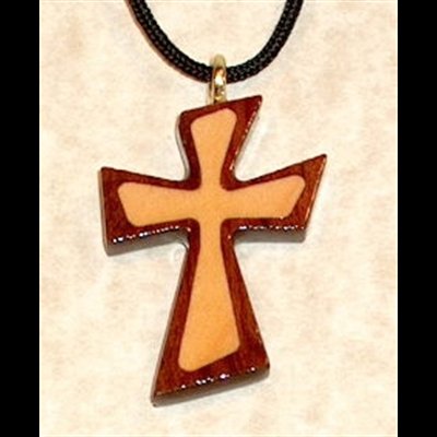 Varnished Bubinga & Maple Wood Cross & Rope Pendant, 1.5"