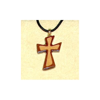 Varnished Bubinga & Maple Wood Cross & Rope Pendant, 1"