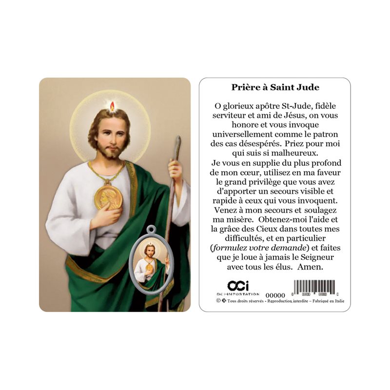 'St-Jude'' Plastic Card & Medal 3.3", French / ea