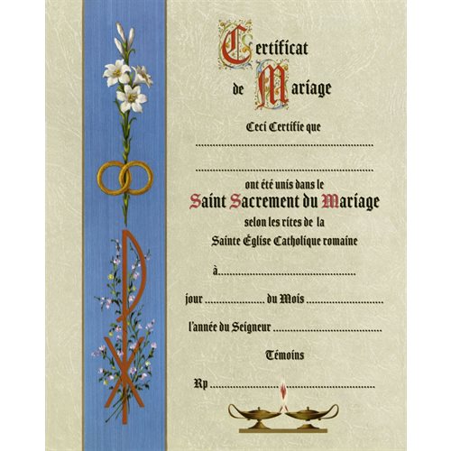 Wedding certificates, colour, 8 x 10", French / ea