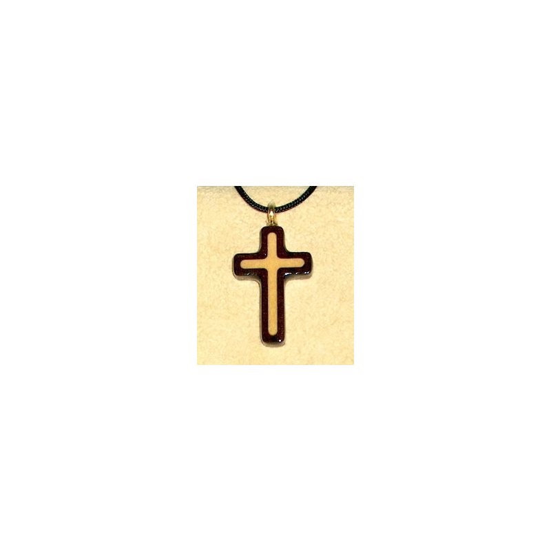 Varnished Walnut & Maple Wood Cross & Rope Pendant, 1.25"