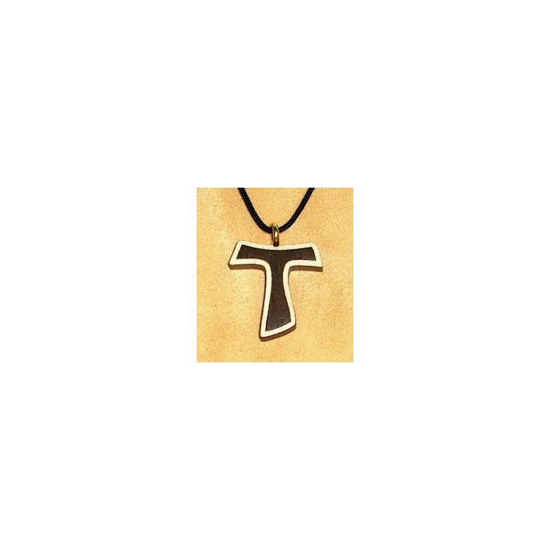 Pendentif croix TAU & corde en érable & noyer, 1" (2.5 cm)
