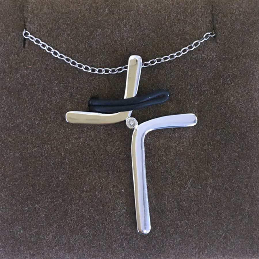 Boxed modern Cross Pendant, .925 Silver Chain & Char