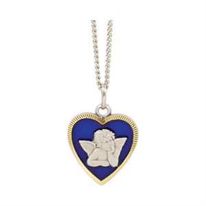 Boxed S-F Pendentif, Blue Heart & Silver Angel, 18"