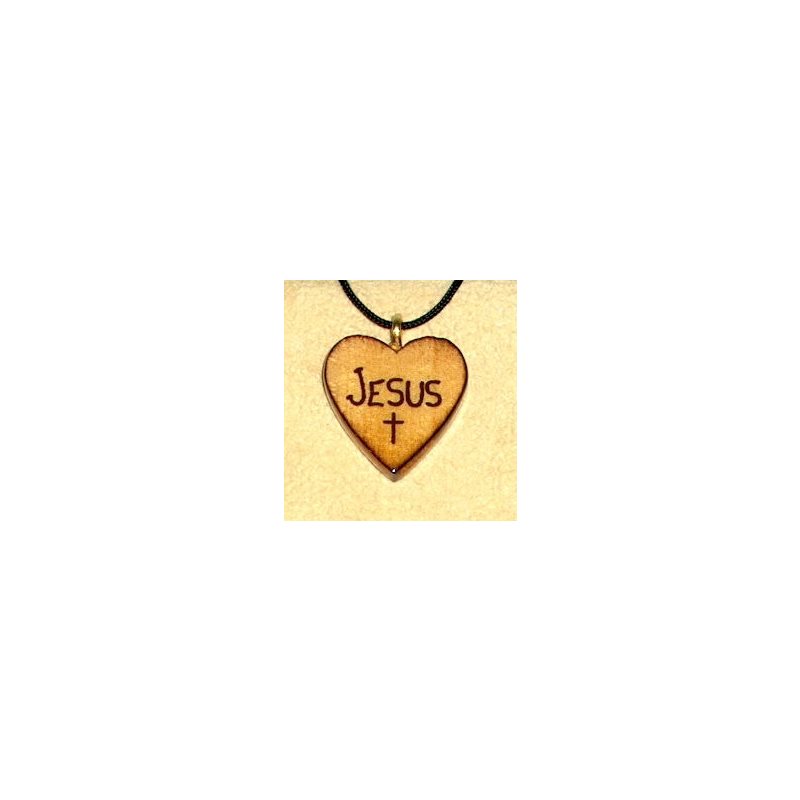 Varnished Pine Wood Heart & Rope Pendant "Jesus", 1" (2.5 cm