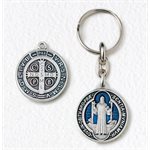 St. Benedict Medal Key Chain, Silver metal, bleu finish