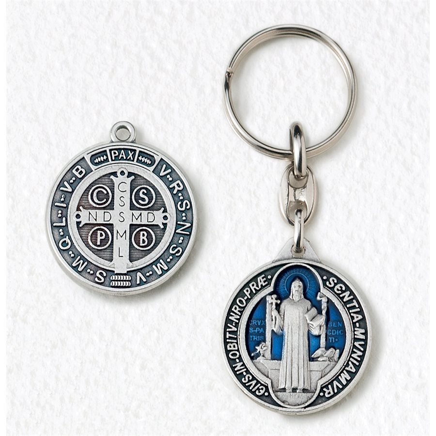 St. Benedict Medal Key Chain, Silver metal, bleu finish