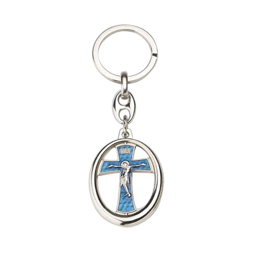 Key Ring with Crucifix, blue Nickel