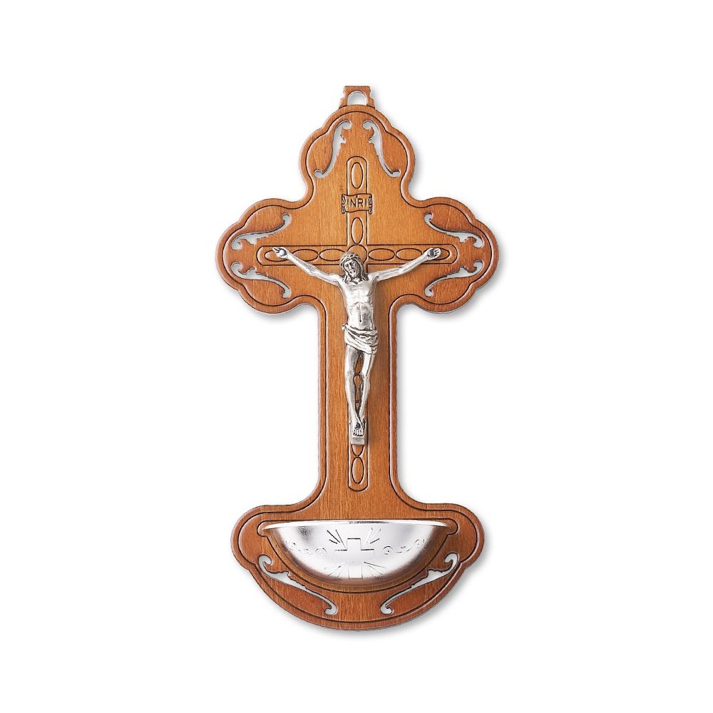 Wood Crucifix Water Font. silver corpus, 8''