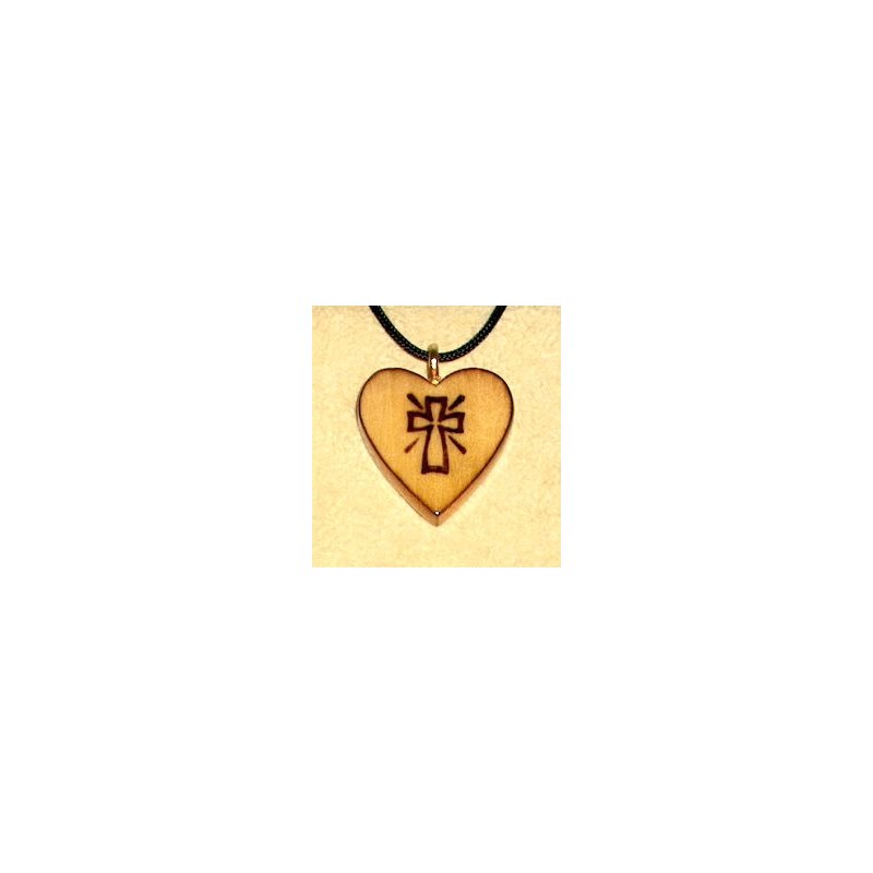 Varnished Pine Wood Heart & Rope Pendant "Cross", 1" (2.5cm)