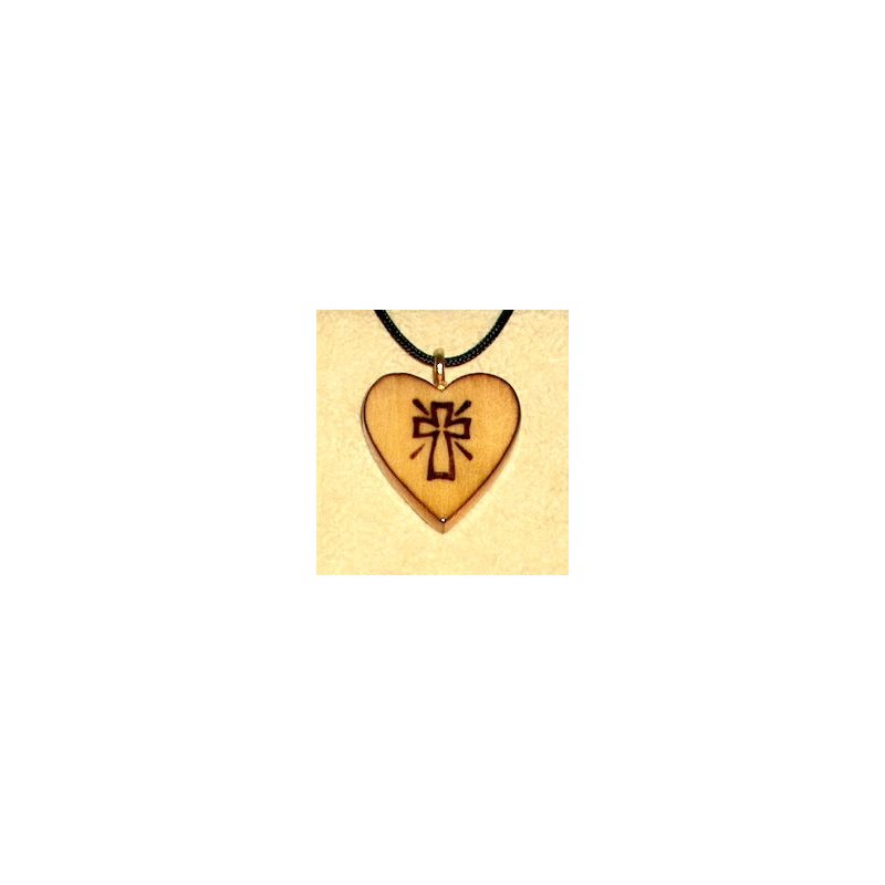 Pendentif Coeur en pin verni & corde "Croix", 1" (2.5 cm)