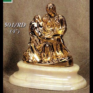 Statue Pieta 4" (10 cm) en étain doré avec base en marbre