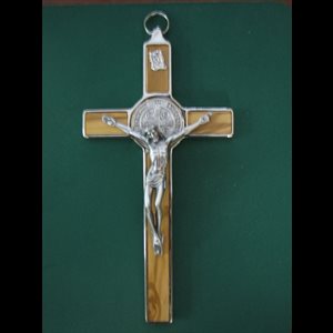 Croix Saint Benoit 7.75" (20 cm) en bois avec corpus argenté