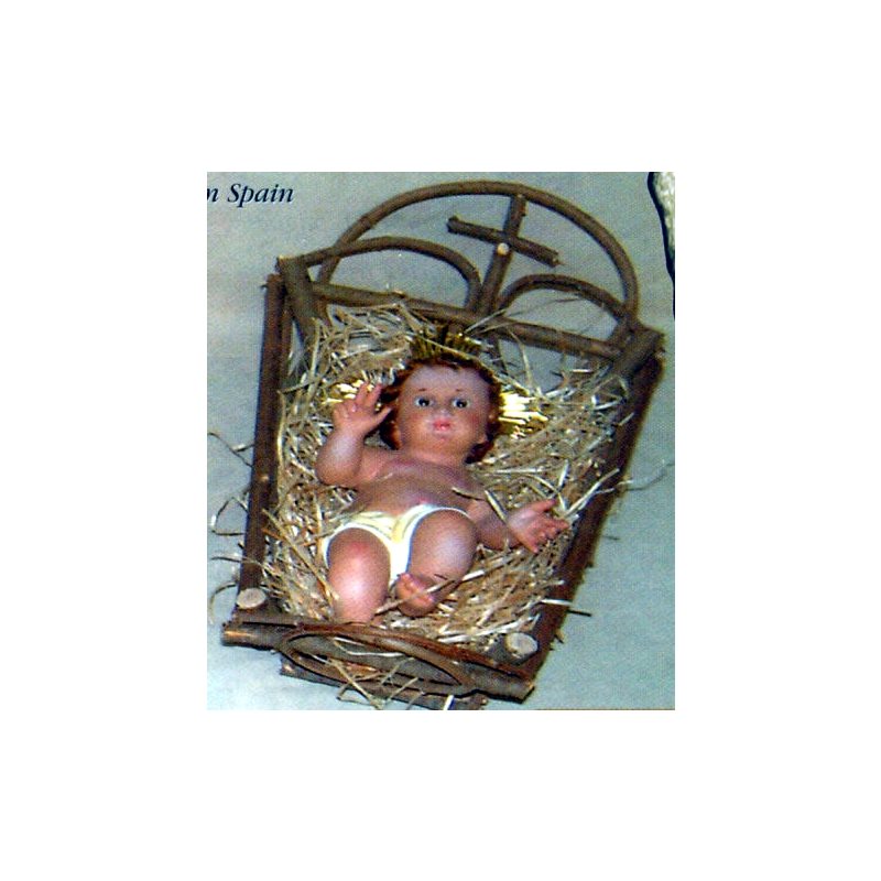 Plaster Infant Jesus W / Glass Eyes & Crib, 9" (23 cm)