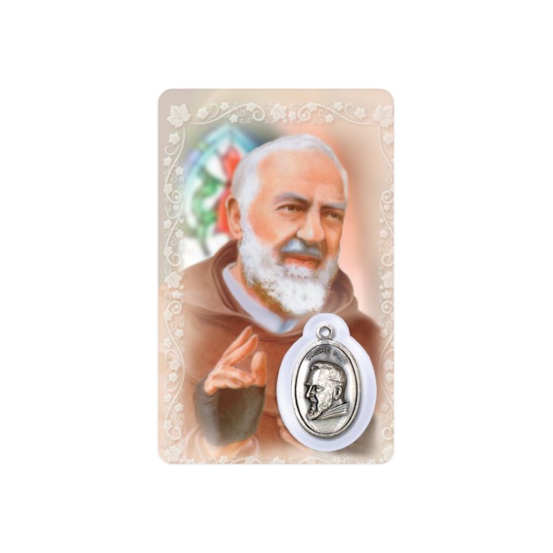 Carte et médaille plastifiée et prière Padre Pio