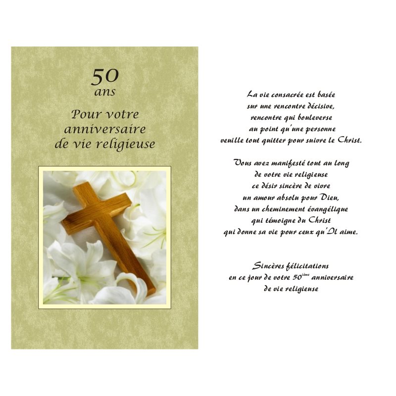 Carte 50e Anniversaire vie religieuse 5.25'' x 8.5''