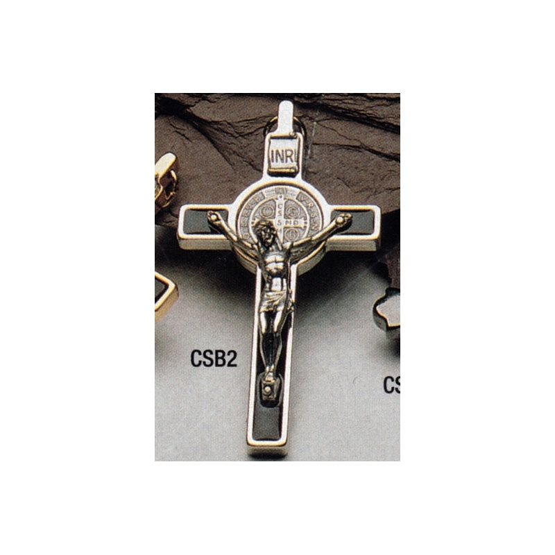 Croix Saint Benoit 3" (7.6 cm) email brun / rhodium