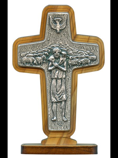 Croix Pape François sur pied bois et métal 3.5" (9 cm) Ht.